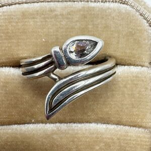 Vintage Sterling Silver Swirling Bypass Ring With Faceted Teardrop Stone Size 7